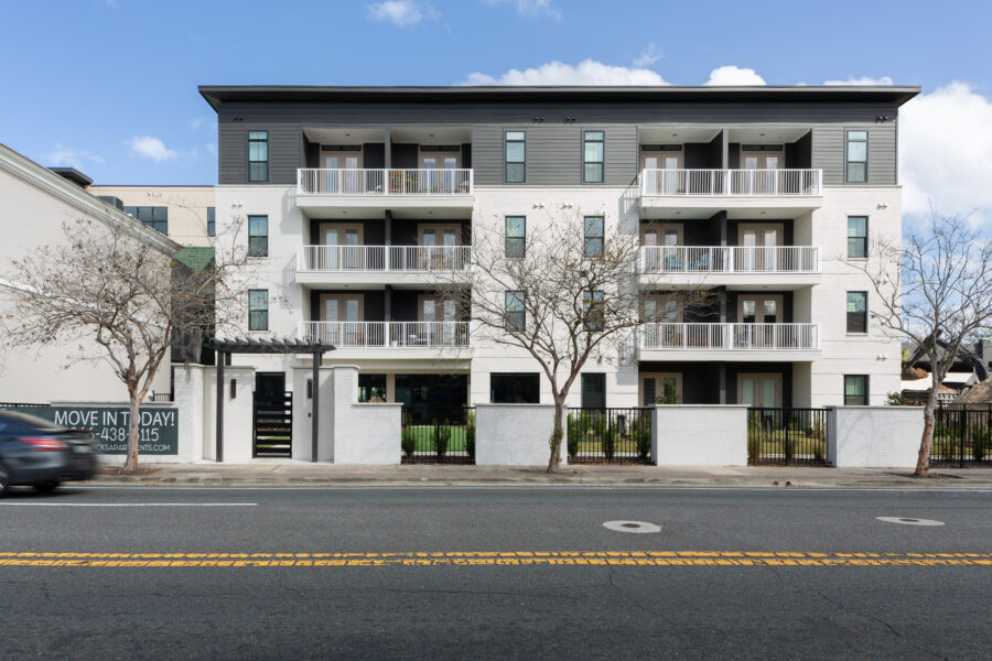 Front view of the apartment building.