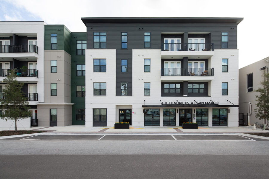 Front view of the apartment building.