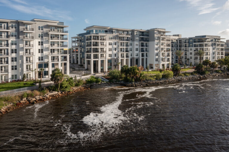 drone image of one riverside on the water