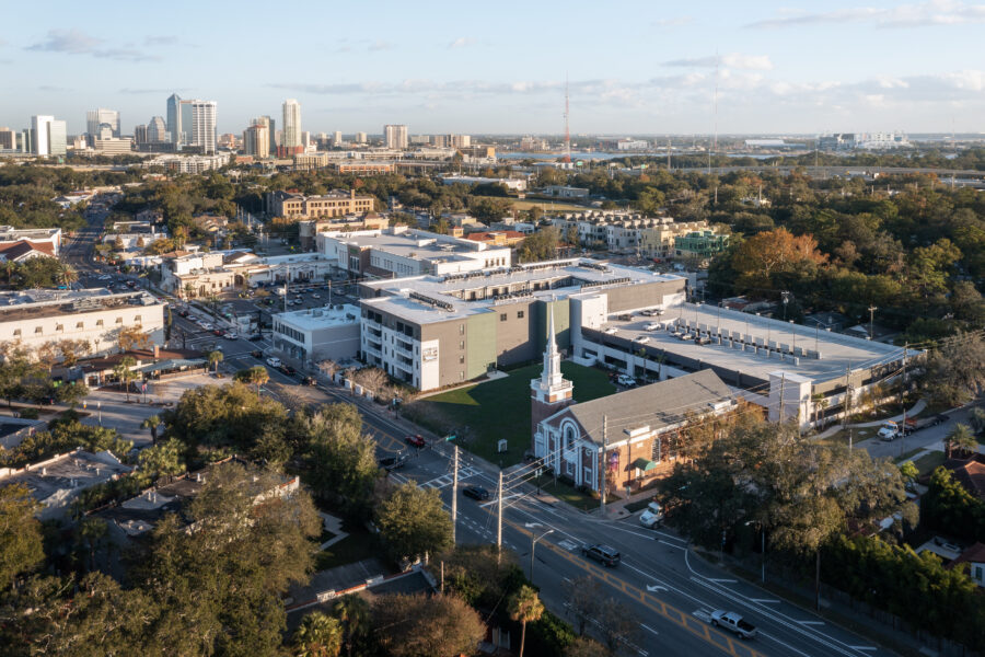Aerial view of the apartment building.