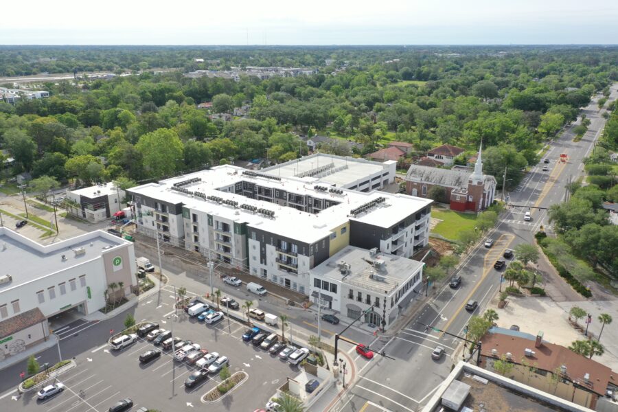 Aerial view of the apartment building.