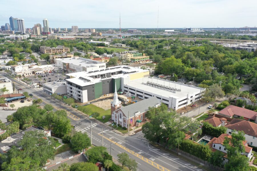 Aerial view of the apartment building.