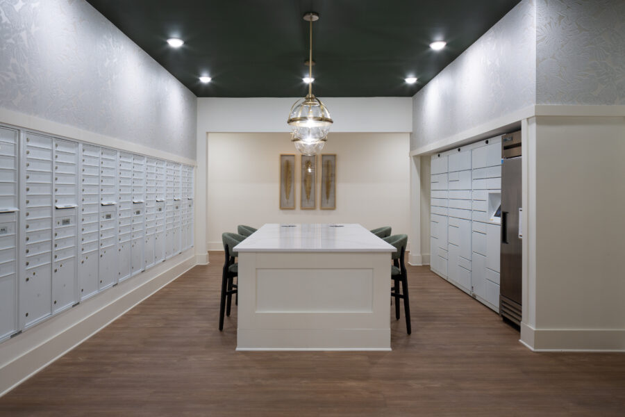 Inside of apartment building mailroom